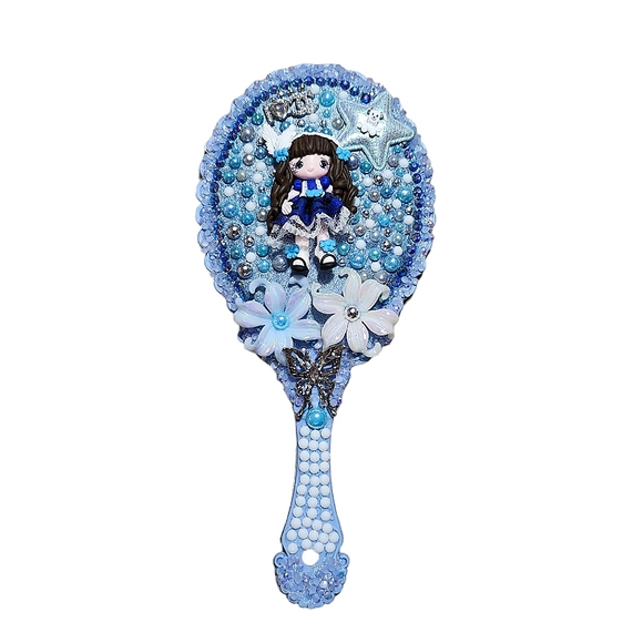 Handheld Makeup Mirror Bling Embellished Custom Decorated Blue - Picture 1 of 5